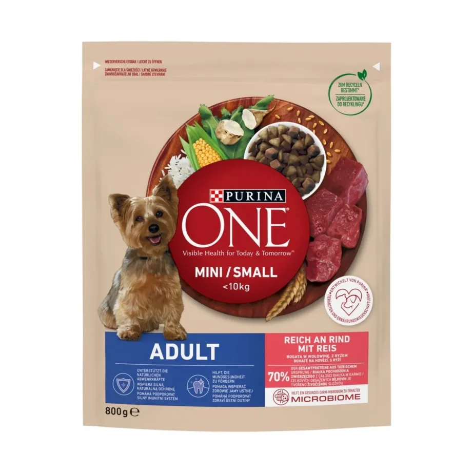 PURINA One Mini Adult veiselihaga 800 g kuivtoit väikest tõugu täiskasvanud koertele