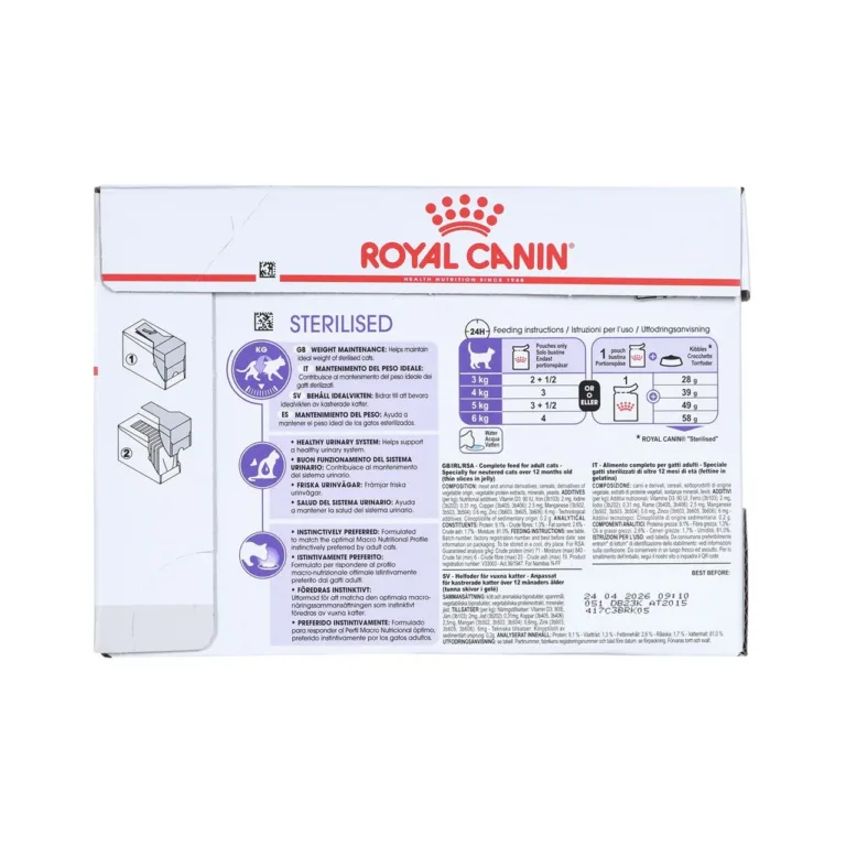 Royal Canin Sterilised märgtoidu karbi tagakülg söötmisjuhendiga