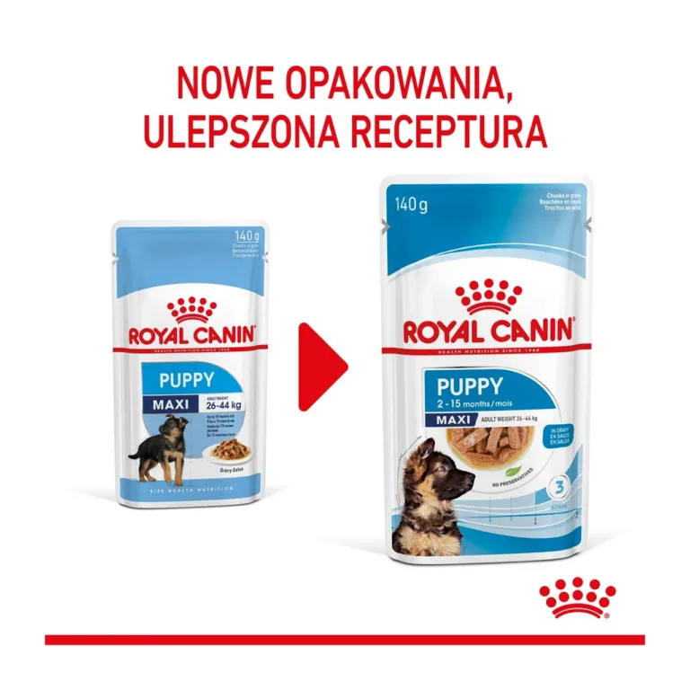 Royal Canin Maxi Puppy uus ja vana pakend kõrvuti