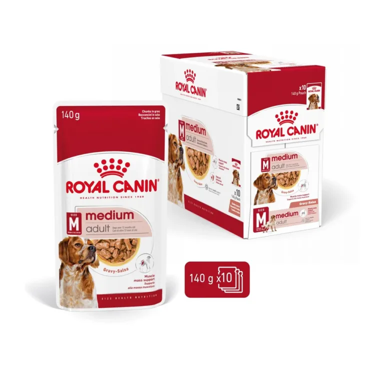 Royal Canin Medium Adult 10x140g märgtoidu pakk ja karp