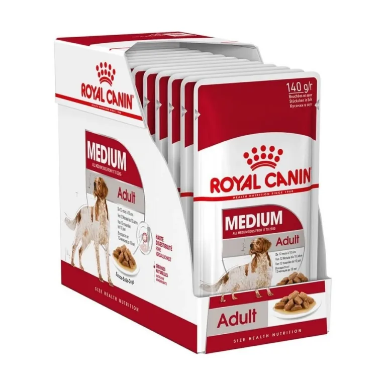Royal Canin Medium Adult märgtoidu kotid karbis rivistatud