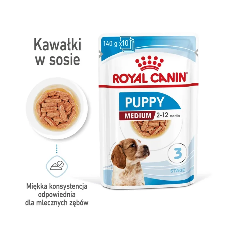 Royal Canin märgtoit keskmisele kutsikale pildil koos kausiga