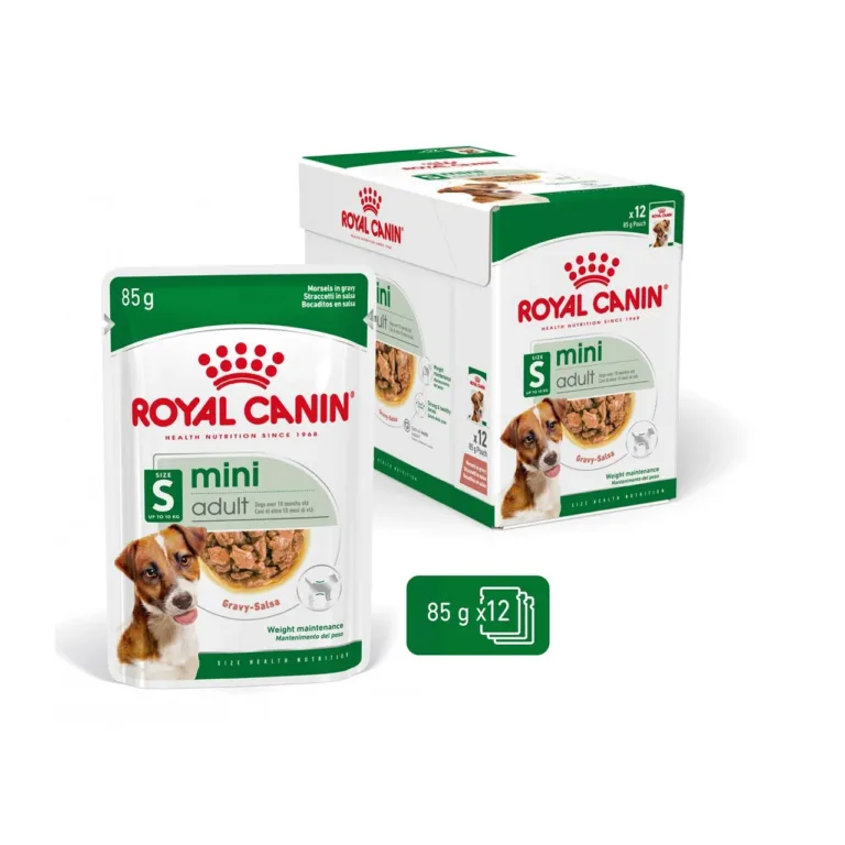 Royal Canin Mini Adult linnulihaga märgtoidu pakend ja kast