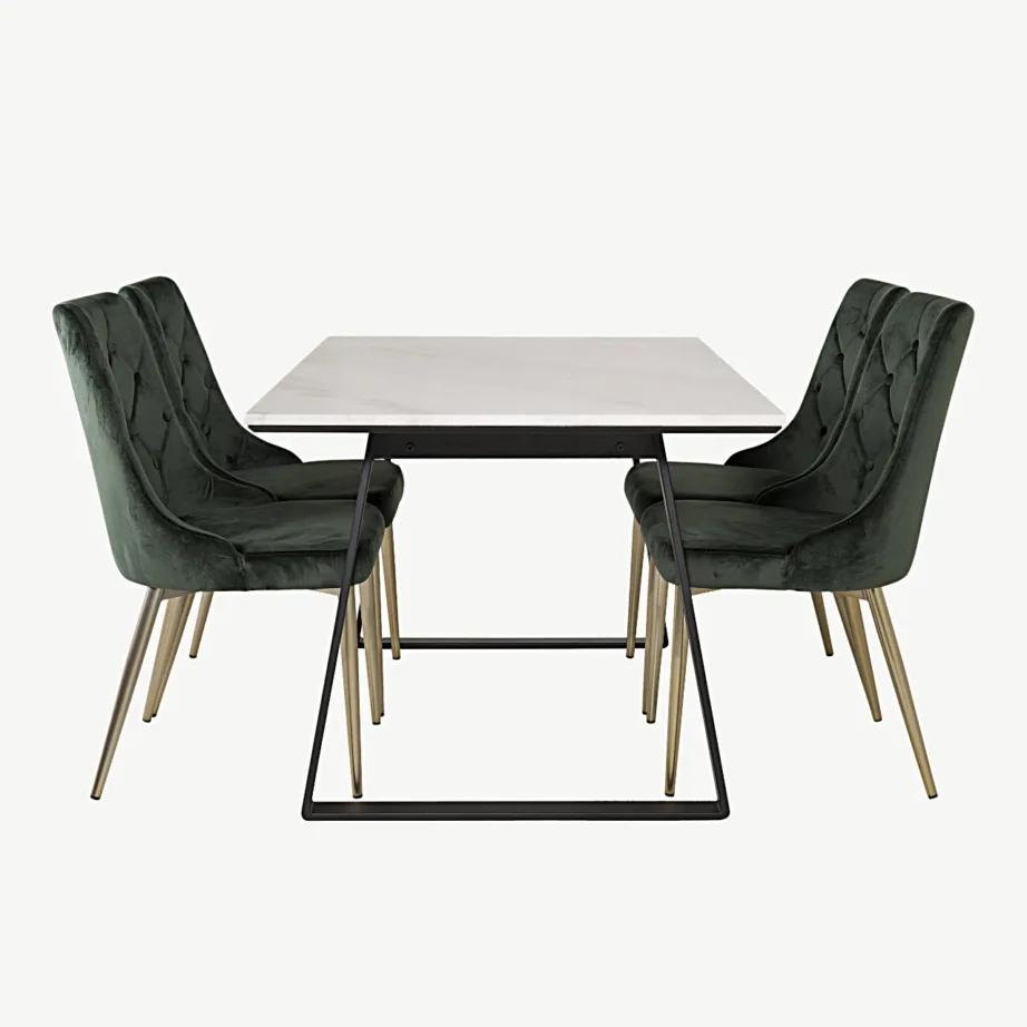 Söögitoa komplekt Estelle – valge marmorist söögilaud ja rohelised sametist toolid, mustad terasjalad, GR14000 – 2