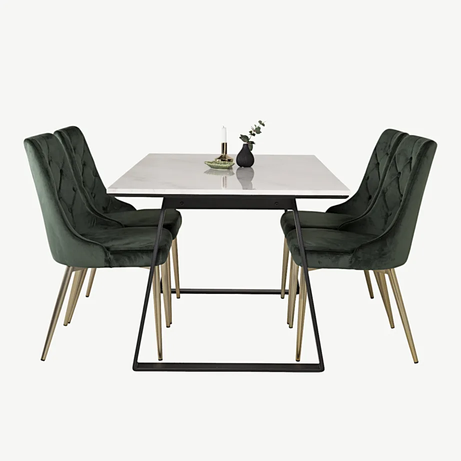 Söögitoa komplekt Estelle – valge marmorist söögilaud ja rohelised sametist toolid, mustad terasjalad, GR14000 – 3