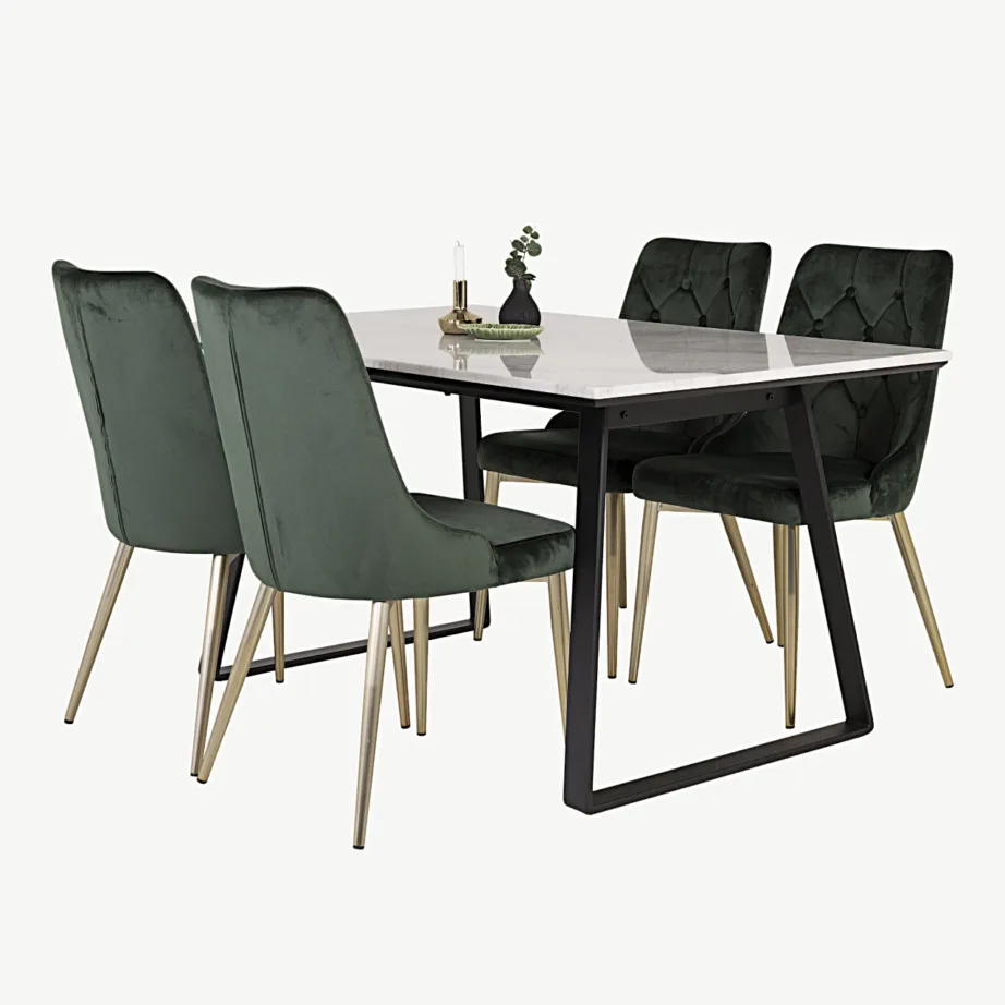 Söögitoa komplekt Estelle – valge marmorist söögilaud ja rohelised sametist toolid, mustad terasjalad, GR14000 – 4