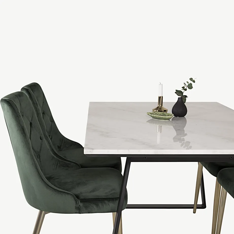 Söögitoa komplekt Estelle – valge marmorist söögilaud ja rohelised sametist toolid, mustad terasjalad, GR14000 – 5