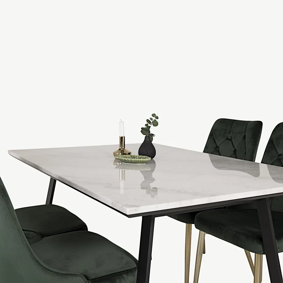 Söögitoa komplekt Estelle – valge marmorist söögilaud ja rohelised sametist toolid, mustad terasjalad, GR14000 – 6