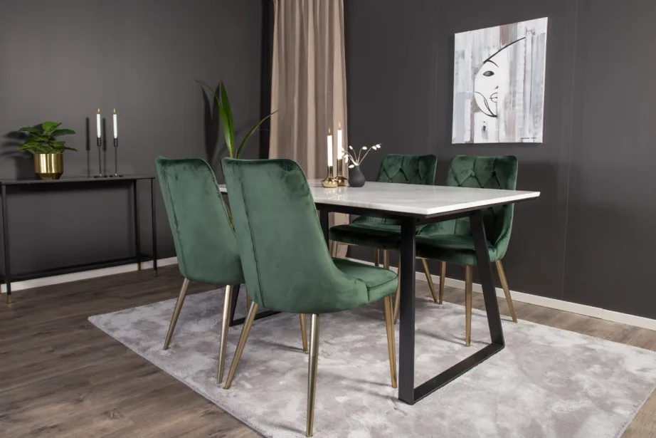 Söögitoa komplekt Estelle – valge marmorist söögilaud ja rohelised sametist toolid, mustad terasjalad, GR14000 – 8