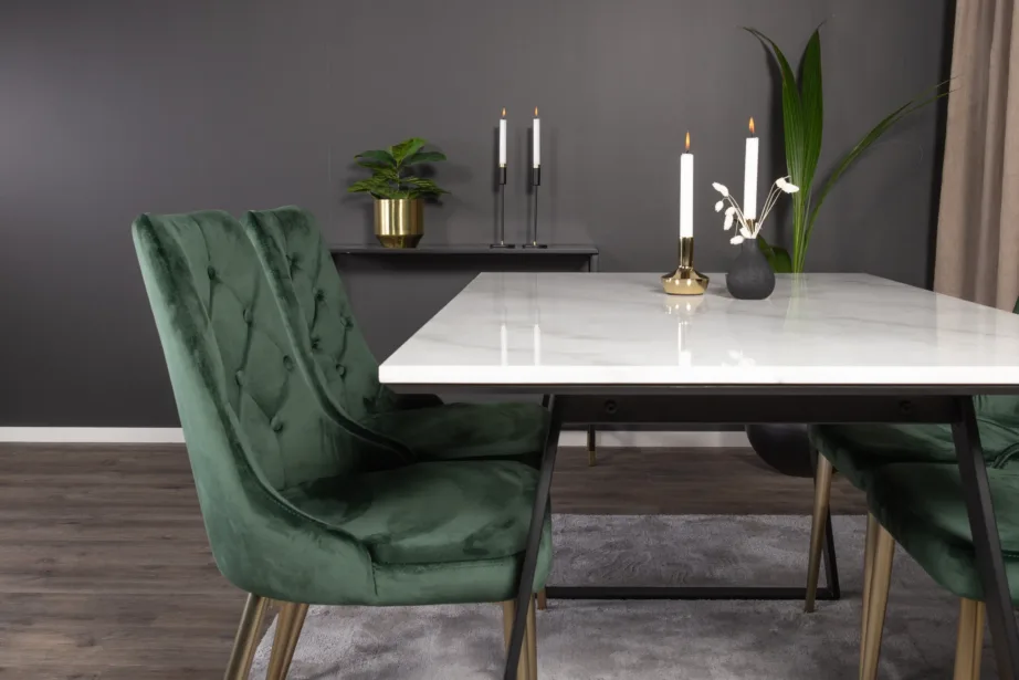 Söögitoa komplekt Estelle – valge marmorist söögilaud ja rohelised sametist toolid, mustad terasjalad, GR14000 – 9