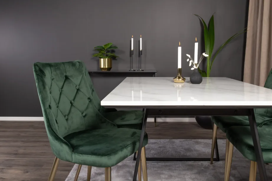 Söögitoa komplekt Estelle – valge marmorist söögilaud ja rohelised sametist toolid, mustad terasjalad, GR14000 – 10