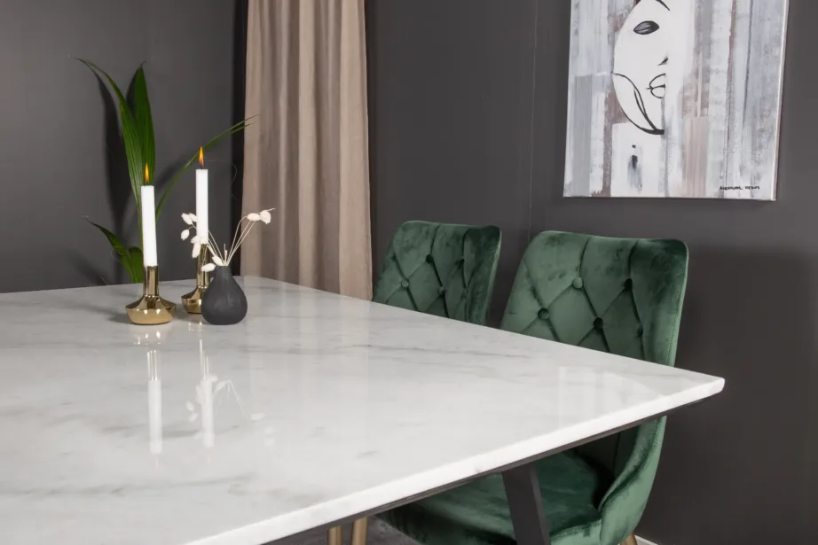 Söögitoa komplekt Estelle – valge marmorist söögilaud ja rohelised sametist toolid, mustad terasjalad, GR14000 – 11