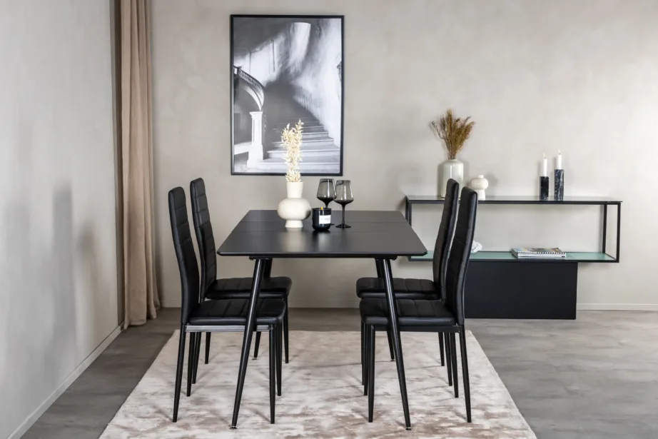 Silar söögitoakomplekt musta MDF-laua ja PU-kattega toolidega, GR19598 – 5