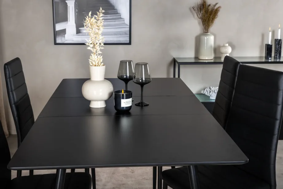 Silar söögitoakomplekt musta MDF-laua ja PU-kattega toolidega, GR19598 – 8