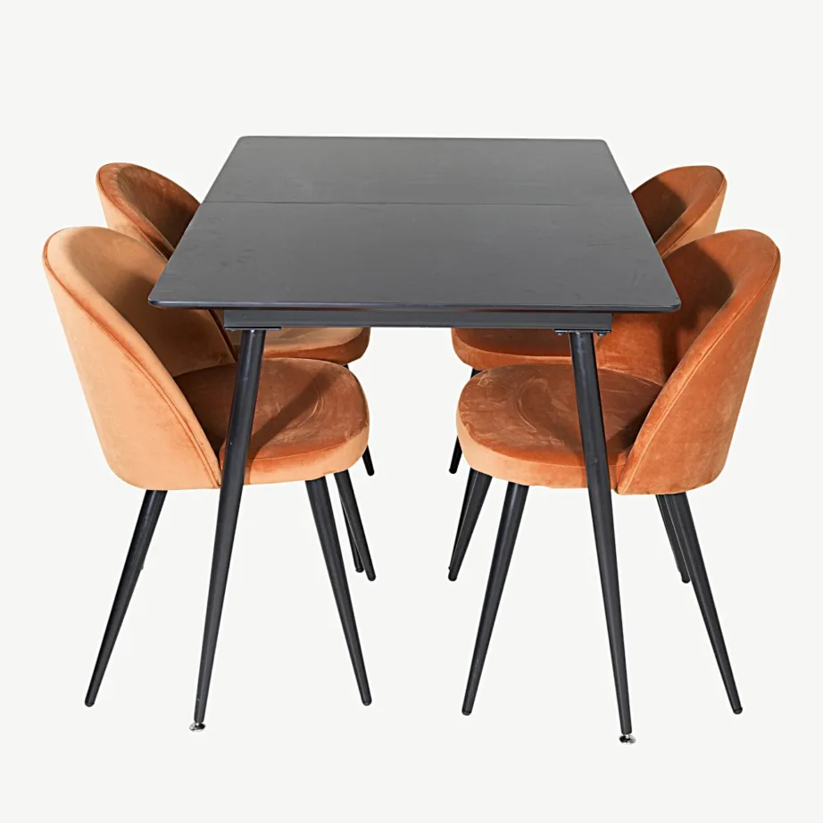 Ristkülikukujuline must söögilauakomplekt Silar roostekarva samettoolidega, GR19741 – 2