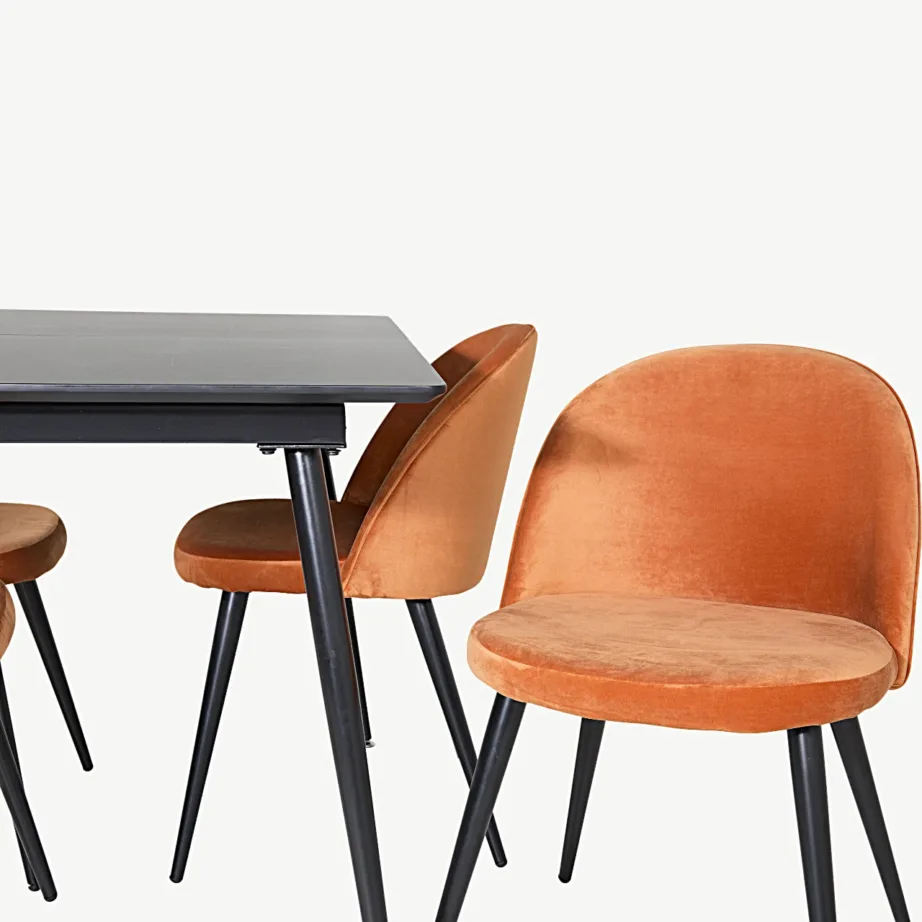 Ristkülikukujuline must söögilauakomplekt Silar roostekarva samettoolidega, GR19741 – 3