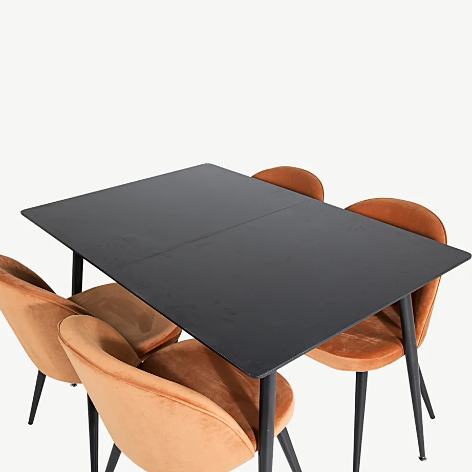 Ristkülikukujuline must söögilauakomplekt Silar roostekarva samettoolidega, GR19741 – 4