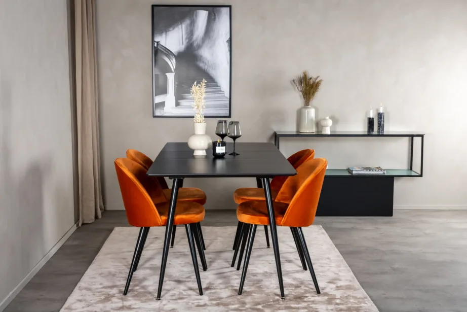 Ristkülikukujuline must söögilauakomplekt Silar roostekarva samettoolidega, GR19741 – 5