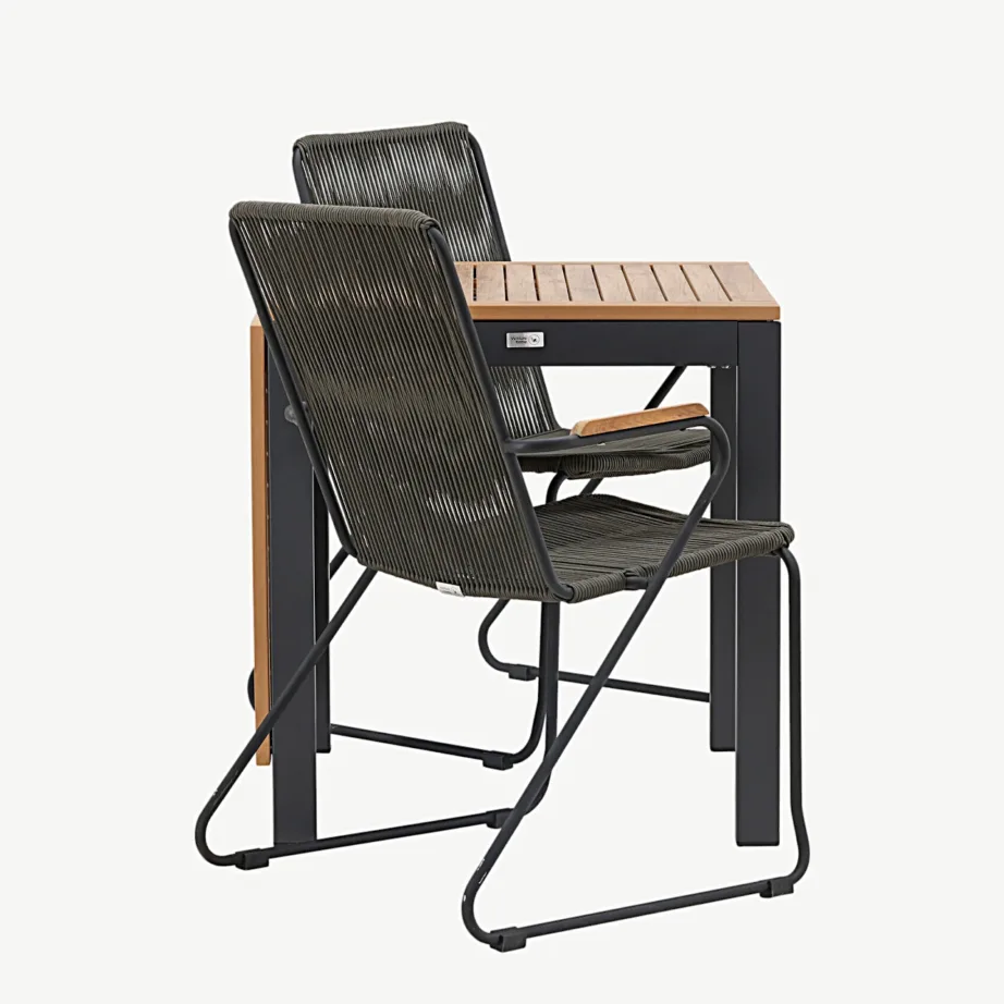 Ristkülikukujuline Diego välikohvilaud (WPC, alumiinium, pikendatav) ja Bois söögitool (teras, tumehall köis) – väike terrassimööbli komplekt, GR23401 – 2