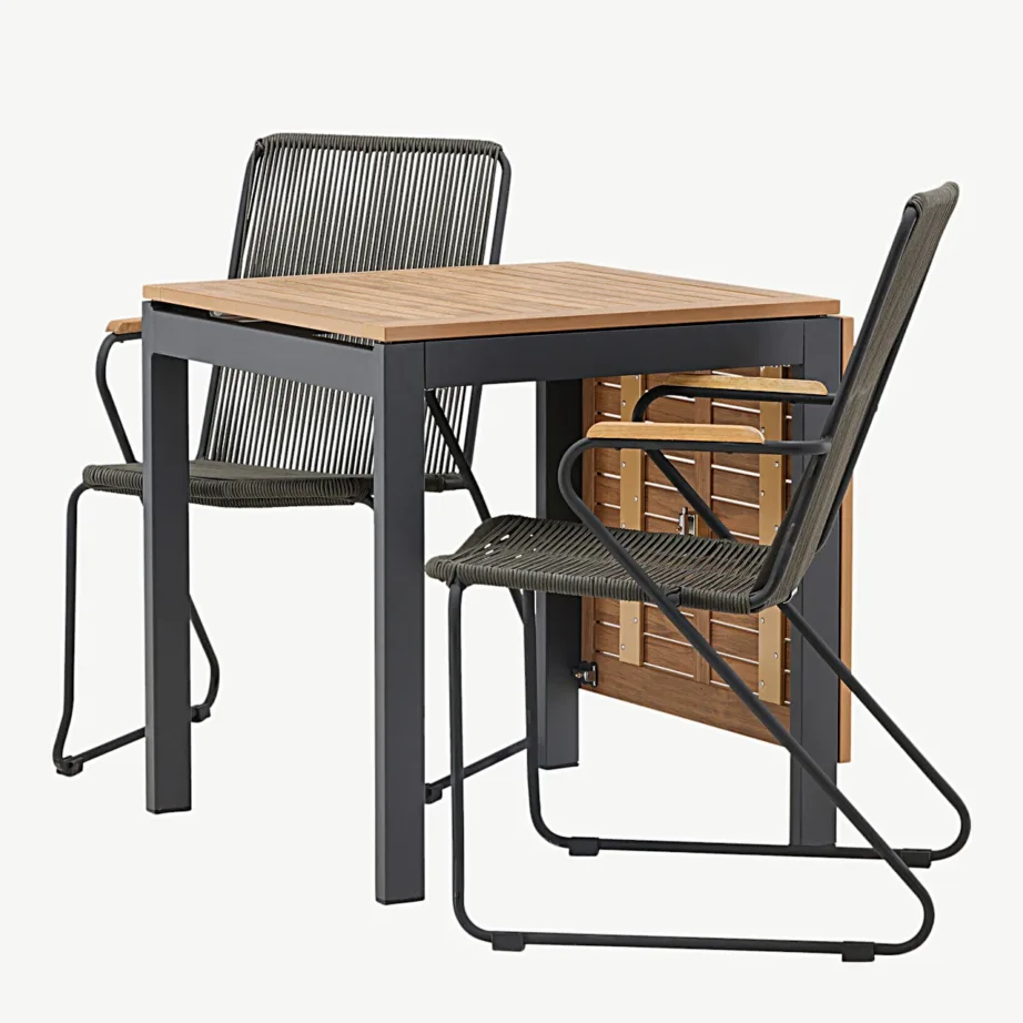 Ristkülikukujuline Diego välikohvilaud (WPC, alumiinium, pikendatav) ja Bois söögitool (teras, tumehall köis) – väike terrassimööbli komplekt, GR23401 – 6