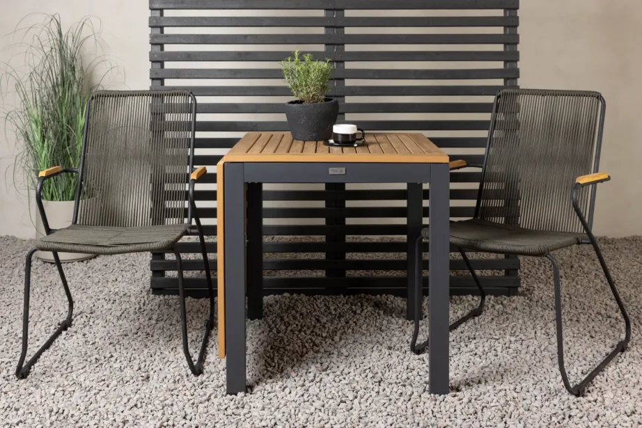 Ristkülikukujuline Diego välikohvilaud (WPC, alumiinium, pikendatav) ja Bois söögitool (teras, tumehall köis) – väike terrassimööbli komplekt, GR23401 – 8