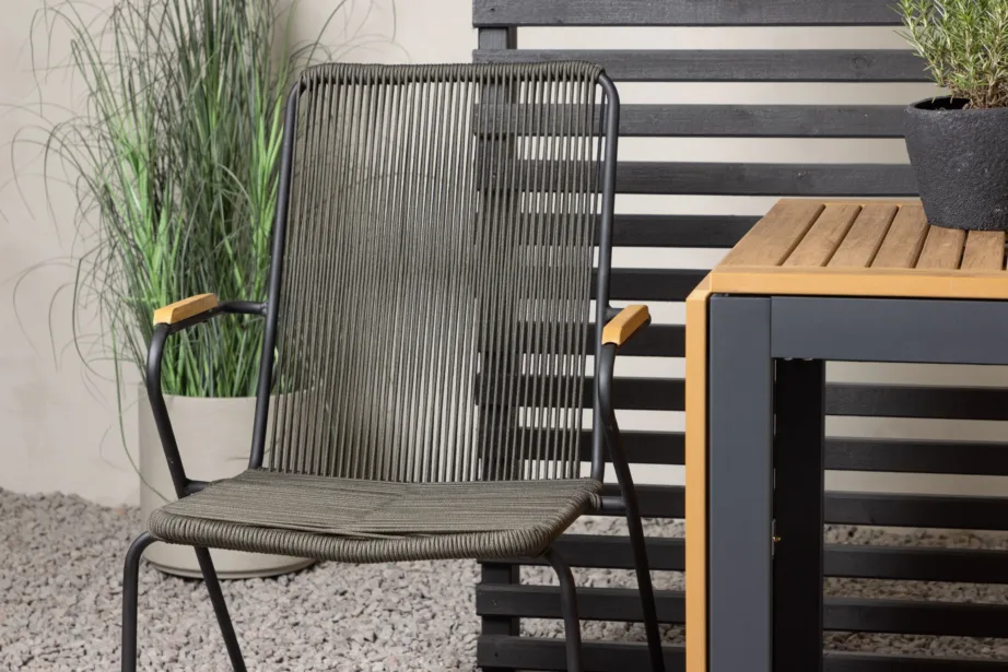 Ristkülikukujuline Diego välikohvilaud (WPC, alumiinium, pikendatav) ja Bois söögitool (teras, tumehall köis) – väike terrassimööbli komplekt, GR23401 – 9