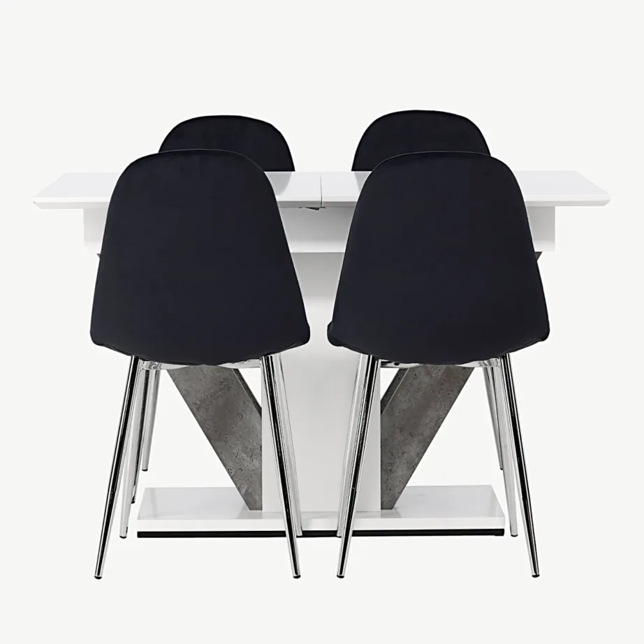 Pikendatav valge söögilaud Disa ja mustad Polar toolid, GR23593 – 2