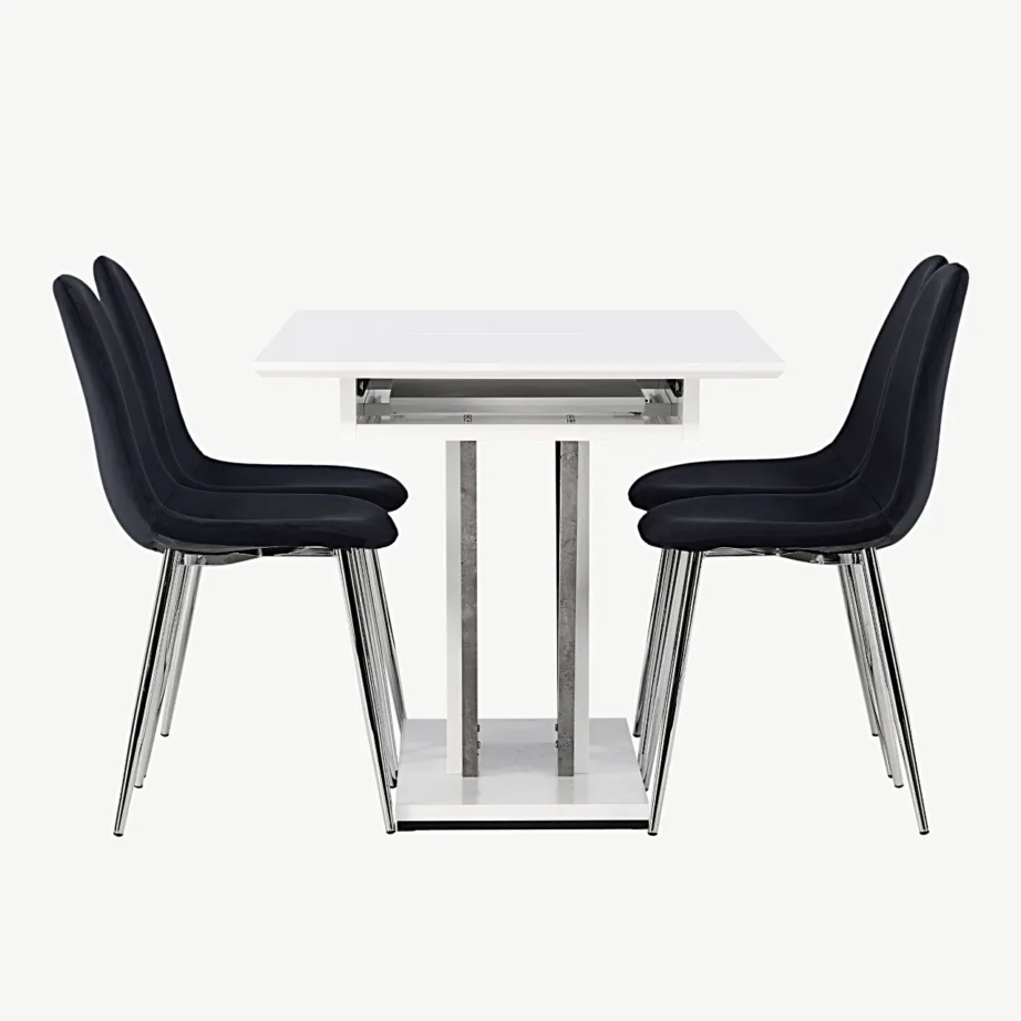 Pikendatav valge söögilaud Disa ja mustad Polar toolid, GR23593 – 3