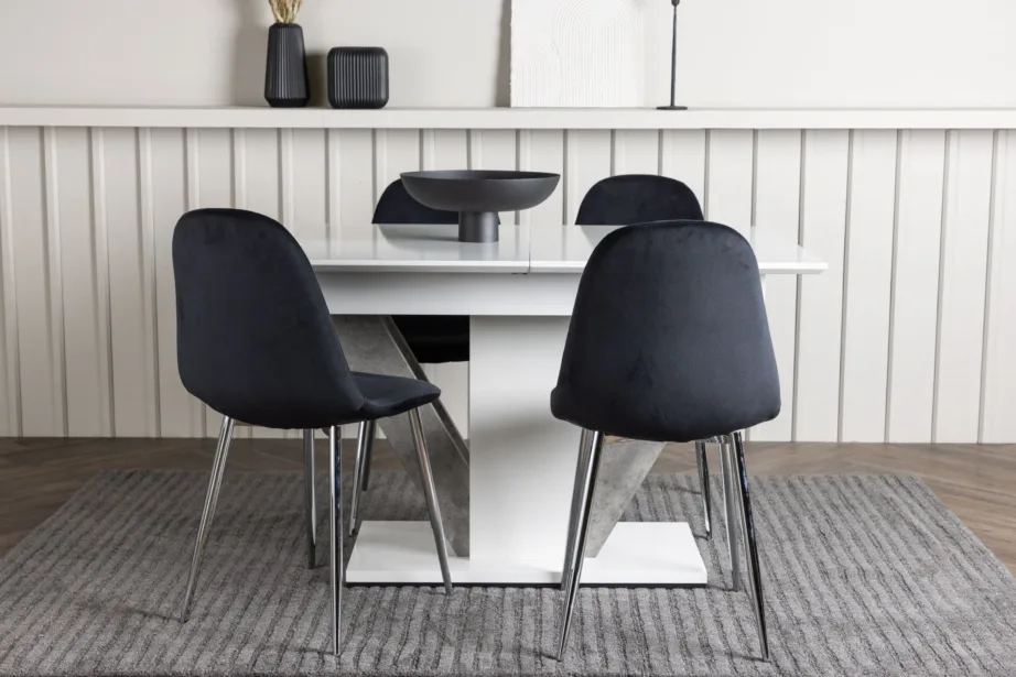 Pikendatav valge söögilaud Disa ja mustad Polar toolid, GR23593 – 5