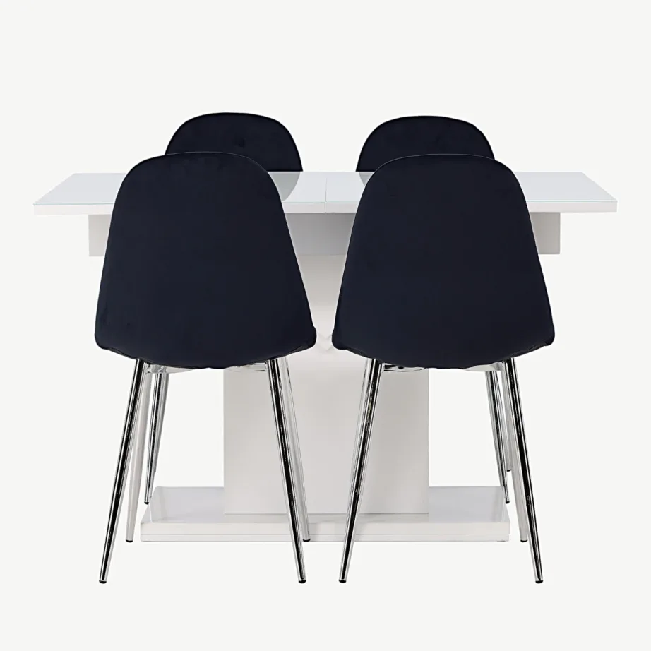 Pikendatav valge klaasiga söögilaud Pluto ja neli musta sametiga Polar tooli, GR23603 – 2