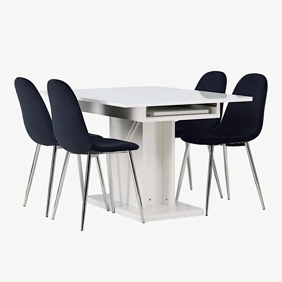 Pikendatav valge klaasiga söögilaud Pluto ja neli musta sametiga Polar tooli, GR23603 – 4