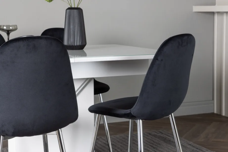 Pikendatav valge klaasiga söögilaud Pluto ja neli musta sametiga Polar tooli, GR23603 – 6