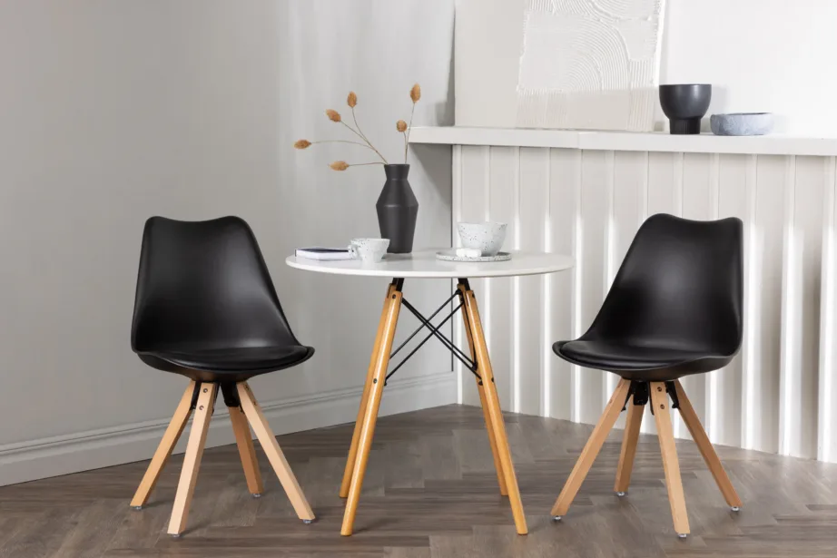 Ümmargune söögilauakomplekt Danburi valge lauaga ja mustade Zeno toolidega (ø60 cm), GR23907 – 8