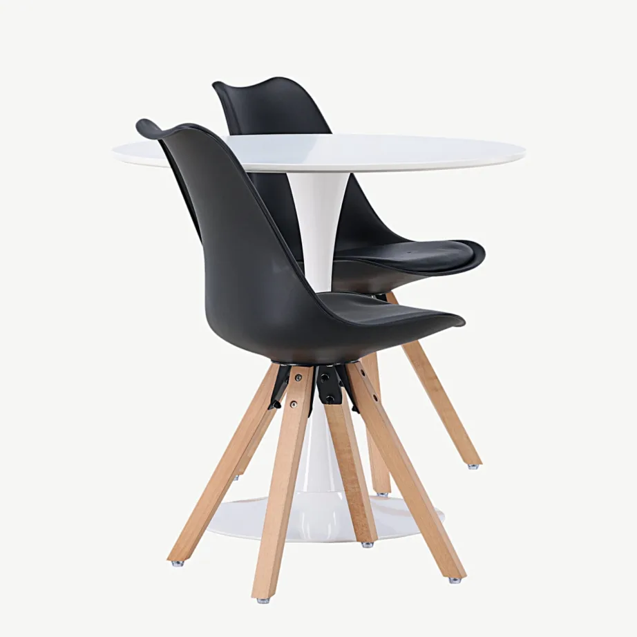 Hamdeni ümmargune valge söögilaud ja 2 musta Zeno tooli (valge MDF), GR23921 – 2