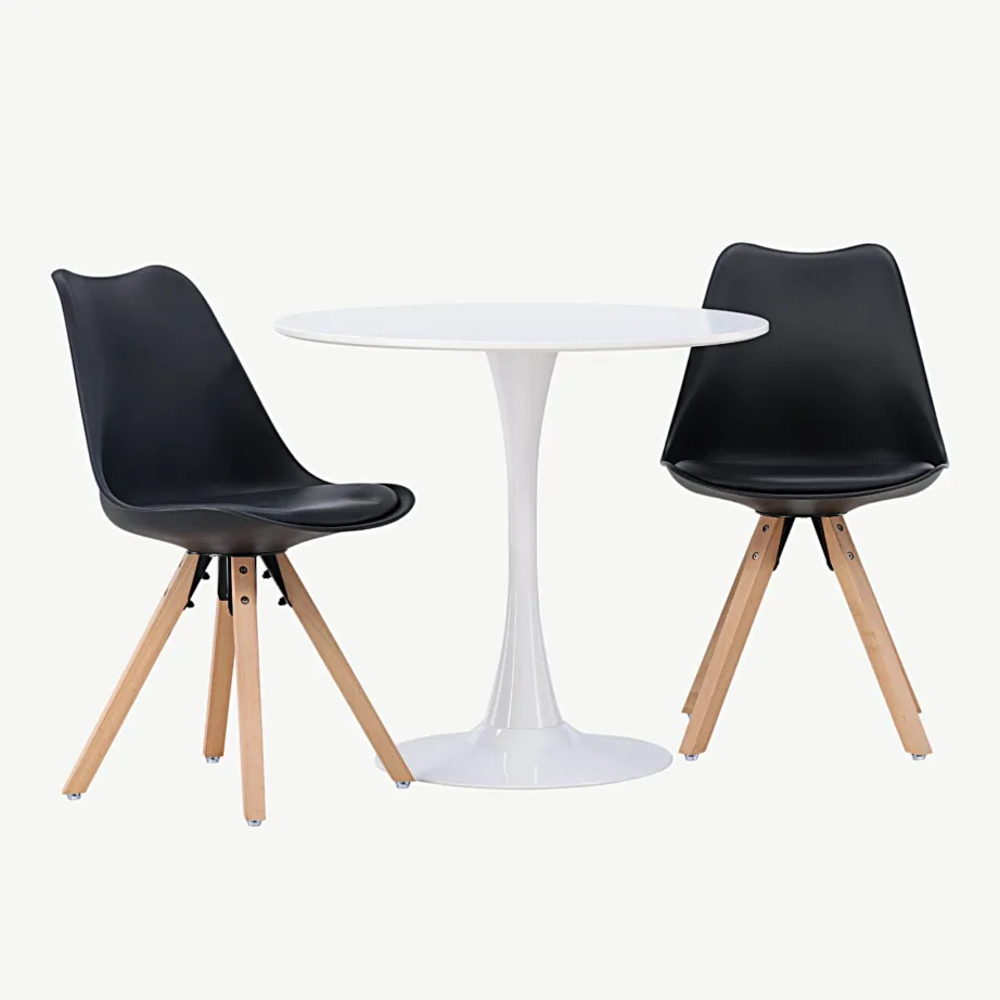 Hamdeni ümmargune valge söögilaud ja 2 musta Zeno tooli (valge MDF), GR23921 – 3