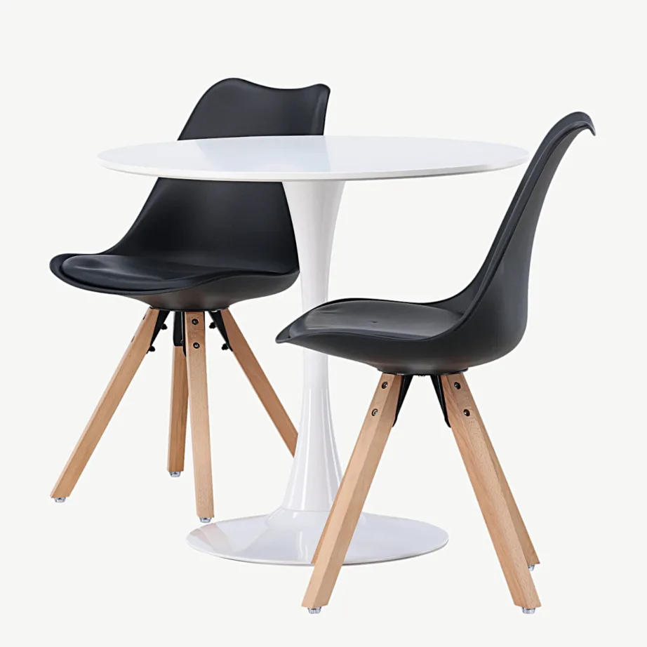 Hamdeni ümmargune valge söögilaud ja 2 musta Zeno tooli (valge MDF), GR23921 – 6