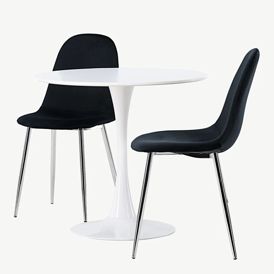 Ümmarguse valge söögilauaga Hamden söögigrupp ja 2 musta sametist tooli Polar, GR23922 – 6