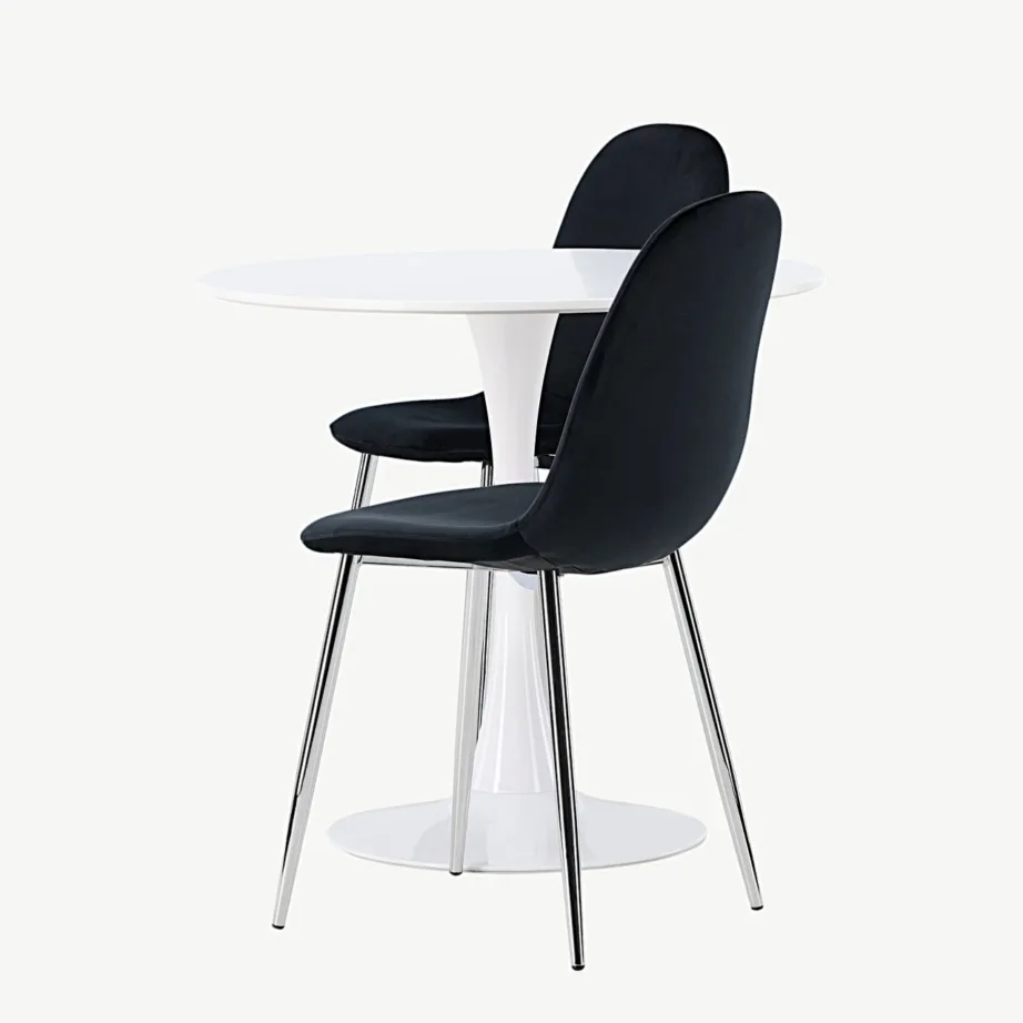 Ümmarguse valge söögilauaga Hamden söögigrupp ja 2 musta sametist tooli Polar, GR23922 – 7