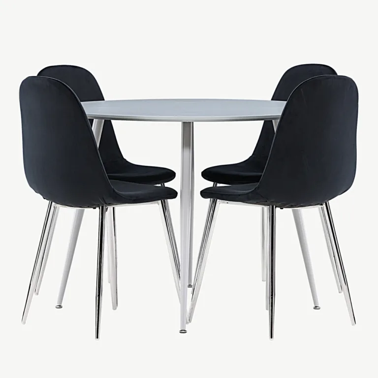 Ümmarguse halli lauaga Plaza söögilauakomplekt ja musta velvetkattega Polar toolid (4 tk) - GR24377