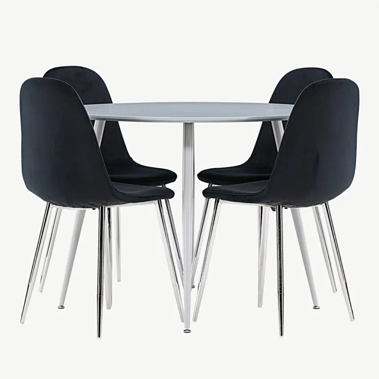 Ümmarguse halli lauaga Plaza söögilauakomplekt ja musta velvetkattega Polar toolid (4 tk) - GR24377