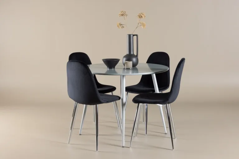 Ümmarguse halli lauaga Plaza söögilauakomplekt ja musta velvetkattega Polar toolid (4 tk) - GR24377