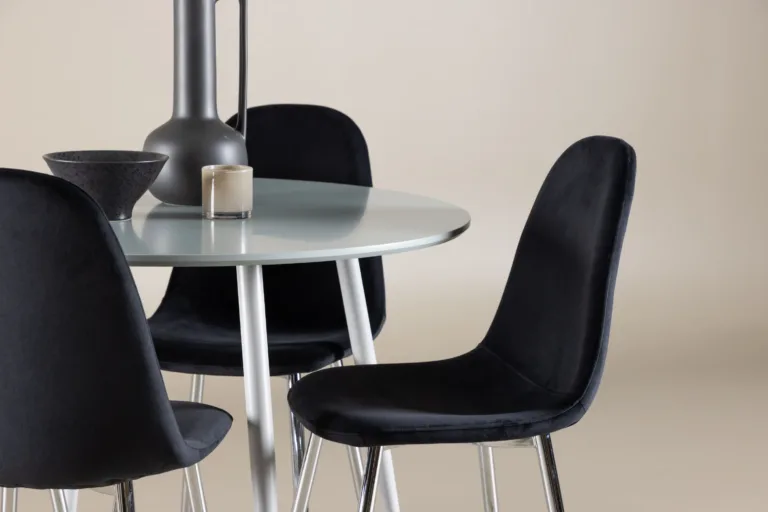 Ümmarguse halli lauaga Plaza söögilauakomplekt ja musta velvetkattega Polar toolid (4 tk) - GR24377