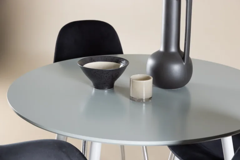 Ümmarguse halli lauaga Plaza söögilauakomplekt ja musta velvetkattega Polar toolid (4 tk) - GR24377