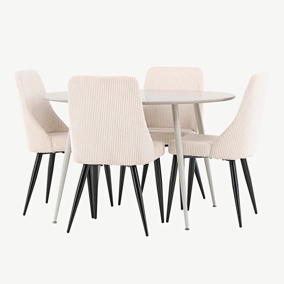 Beež ümmargune söögitoa komplekt Plaza laua ja Leone toolidega (MDF, veluurkattega, ø120 cm), GR24408