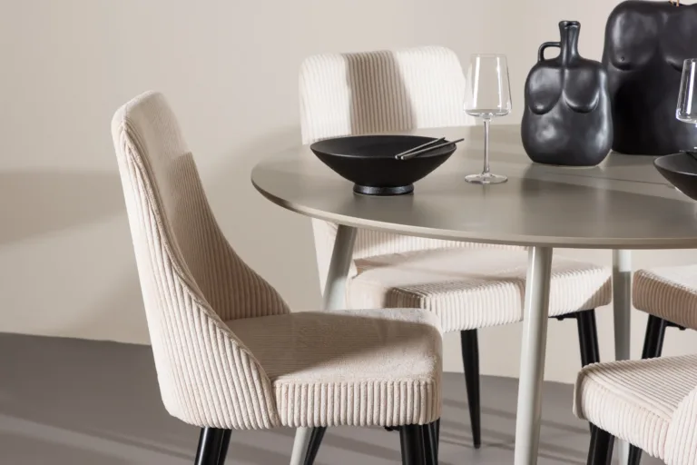 Beež ümmargune söögitoa komplekt Plaza laua ja Leone toolidega (MDF, veluurkattega, ø120 cm) - GR24408