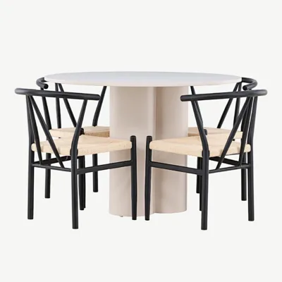 Olivia ümmarguse söögilaua ja Alfonsi rotangist toolide komplekt, beež MDF, must metall, Ø110 cm - GR24434