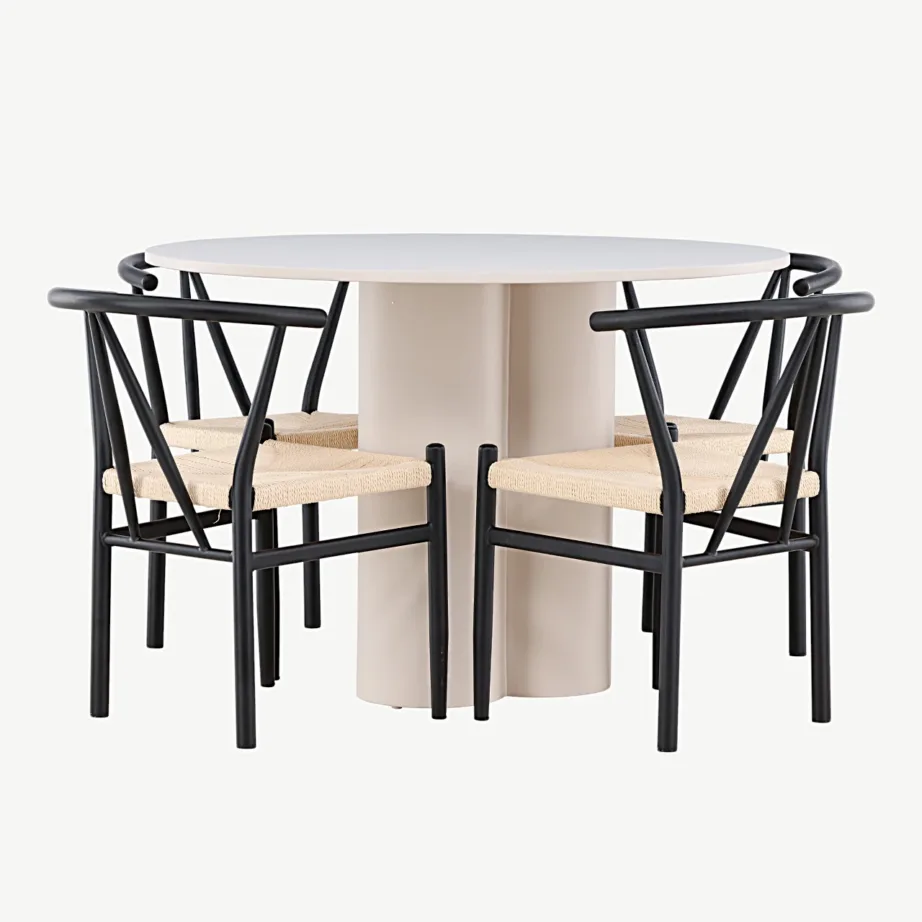 Olivia ümmarguse söögilaua ja Alfonsi rotangist toolide komplekt, beež MDF, must metall, Ø110 cm, GR24434
