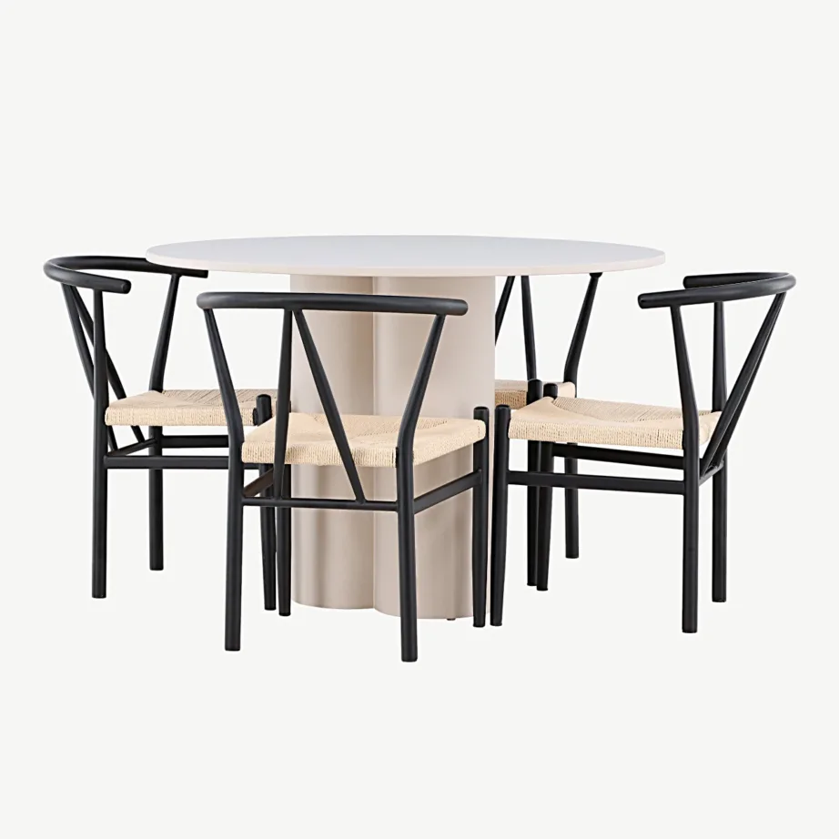 Olivia ümmarguse söögilaua ja Alfonsi rotangist toolide komplekt, beež MDF, must metall, Ø110 cm, GR24434 – 3