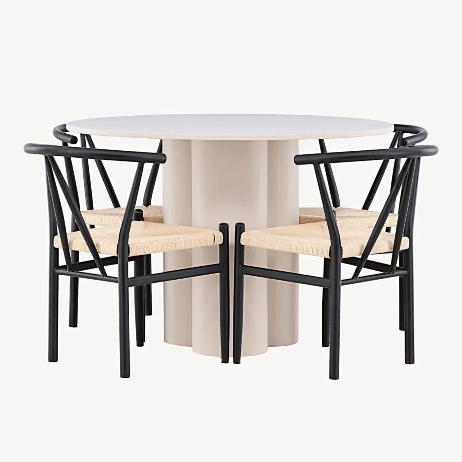 Olivia ümmarguse söögilaua ja Alfonsi rotangist toolide komplekt, beež MDF, must metall, Ø110 cm, GR24434 – 4