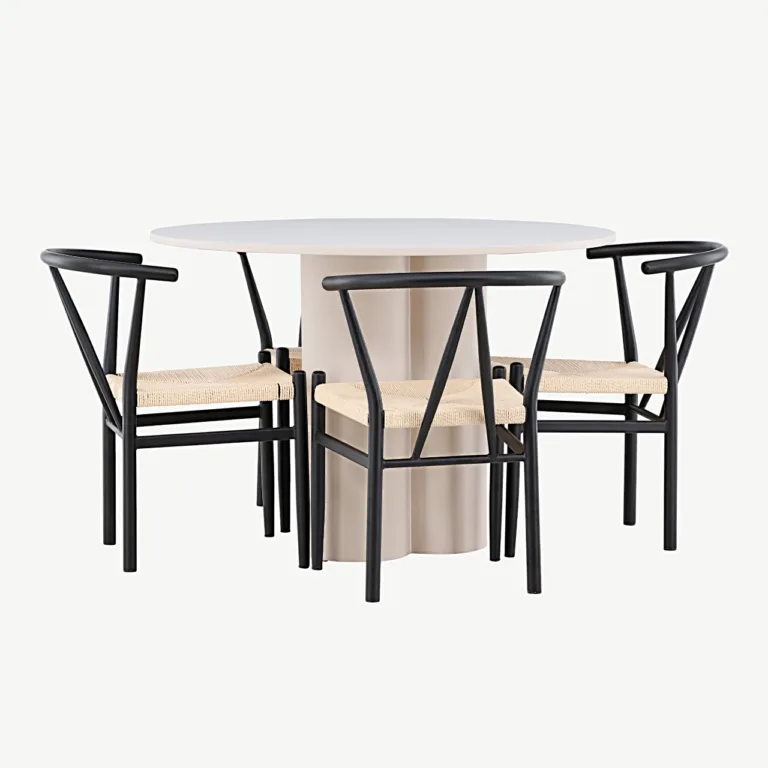 Olivia ümmarguse söögilaua ja Alfonsi rotangist toolide komplekt, beež MDF, must metall, Ø110 cm - GR24434